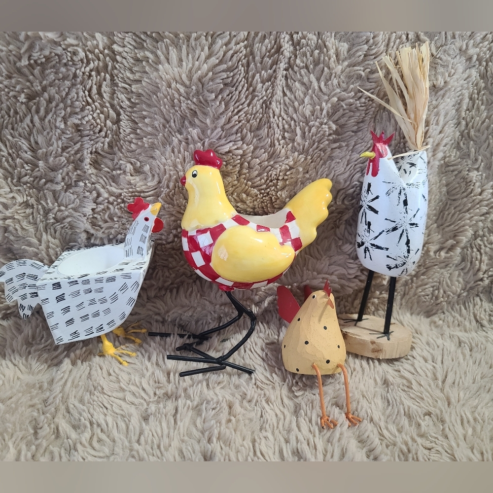 Colorful Chicken Figurine Set, Shelf Sitter, Navajo Signed Wood Chicken, Dept 56